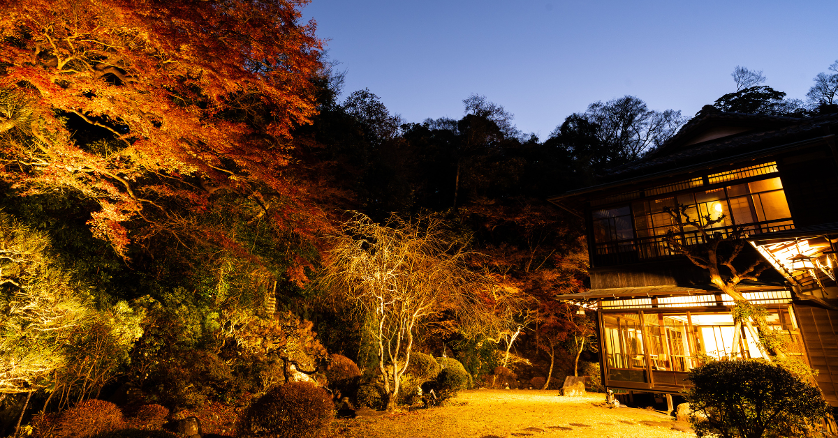 夕暮れに照らされたSashoの日本庭園と日本家屋